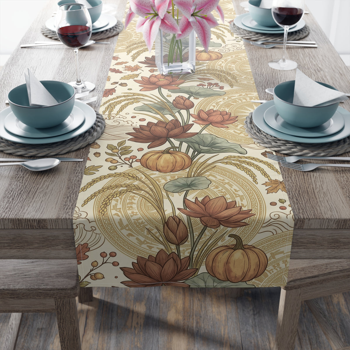 Vietnamese Autumn Lotus Thanksgiving Table Runner