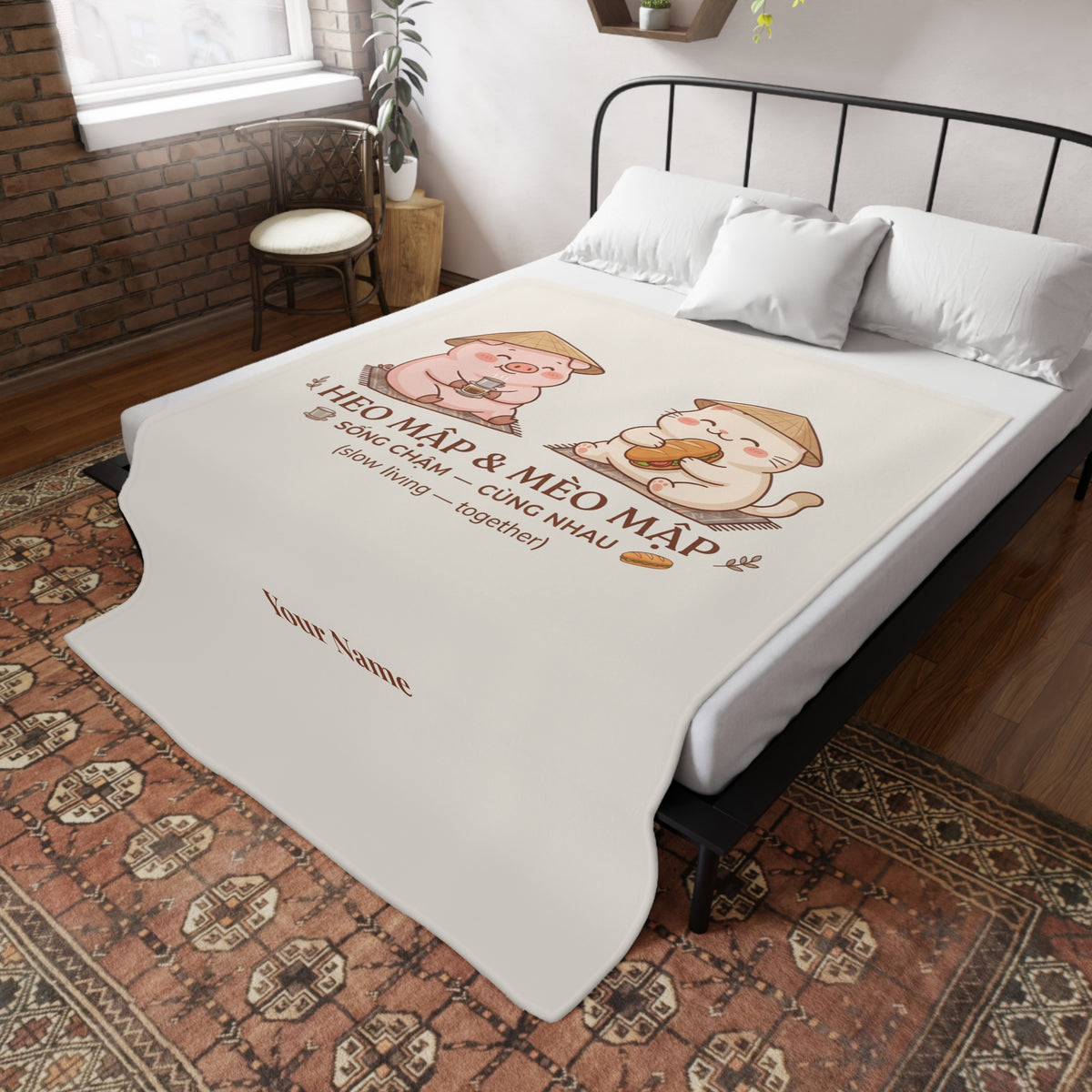 Chubby Pig & Chubby Cat Plush Fleece Blanket