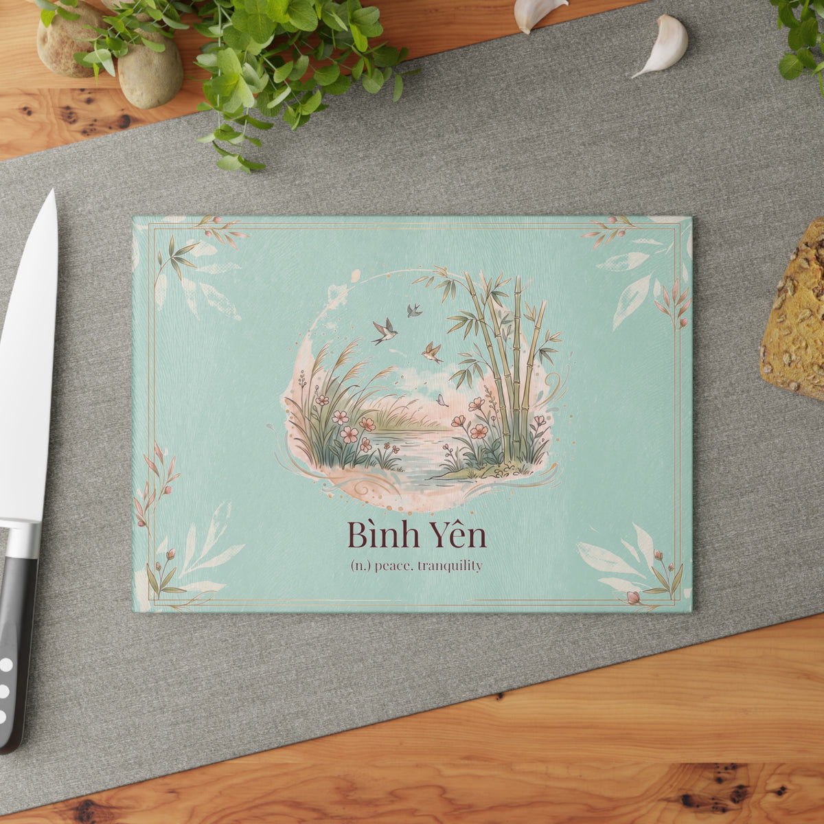 Vietnamese Bamboo Bình Yên (Peace) Glass Cutting Board
