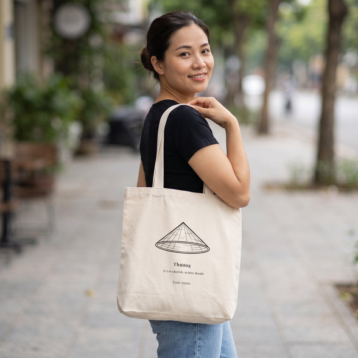 Vietnamese Nón Lá (Conical hat)Tote | "Thuong (To love, To cherish)"