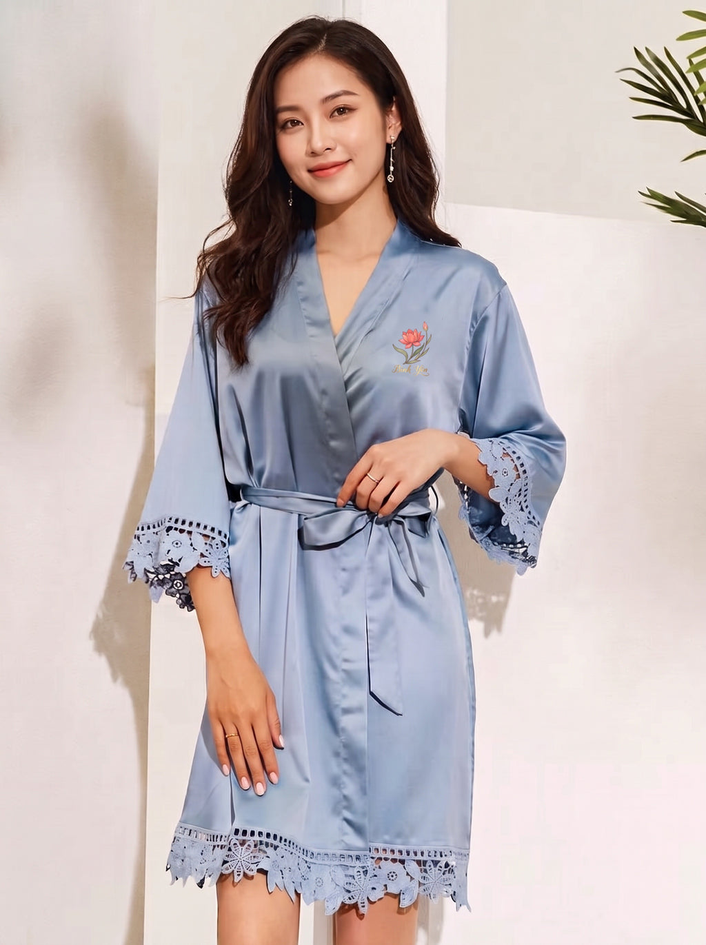 Vietnamese Bình yên (Peace) Floral Crest Satin Bridal Robe
