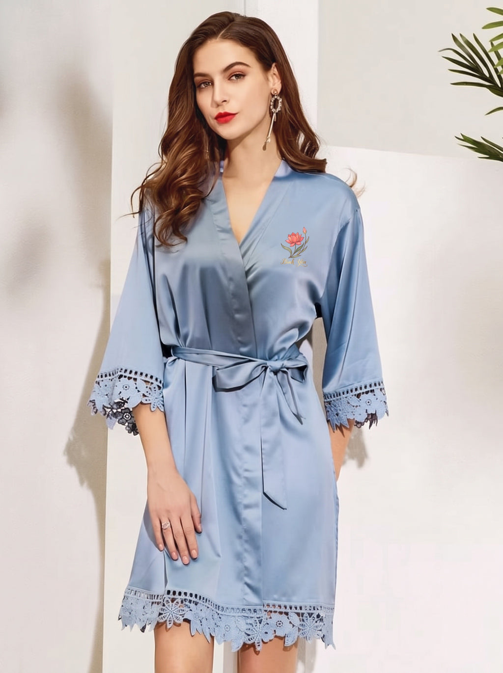 Vietnamese Bình yên (Peace) Floral Crest Satin Bridal Robe