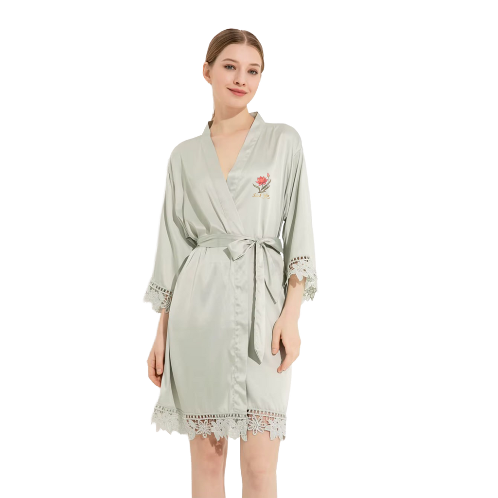 Vietnamese Bình yên (Peace) Floral Crest Satin Bridal Robe