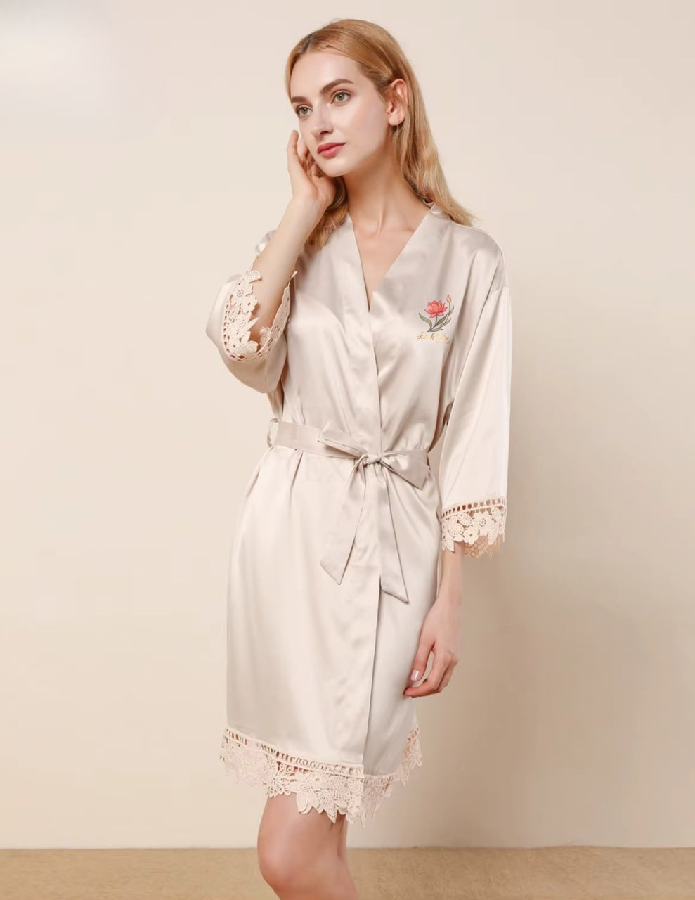 Vietnamese Bình yên (Peace) Floral Crest Satin Bridal Robe