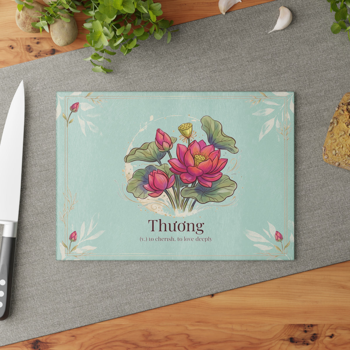 Vietnamese Watercolor Lotus Glass Cutting Board
