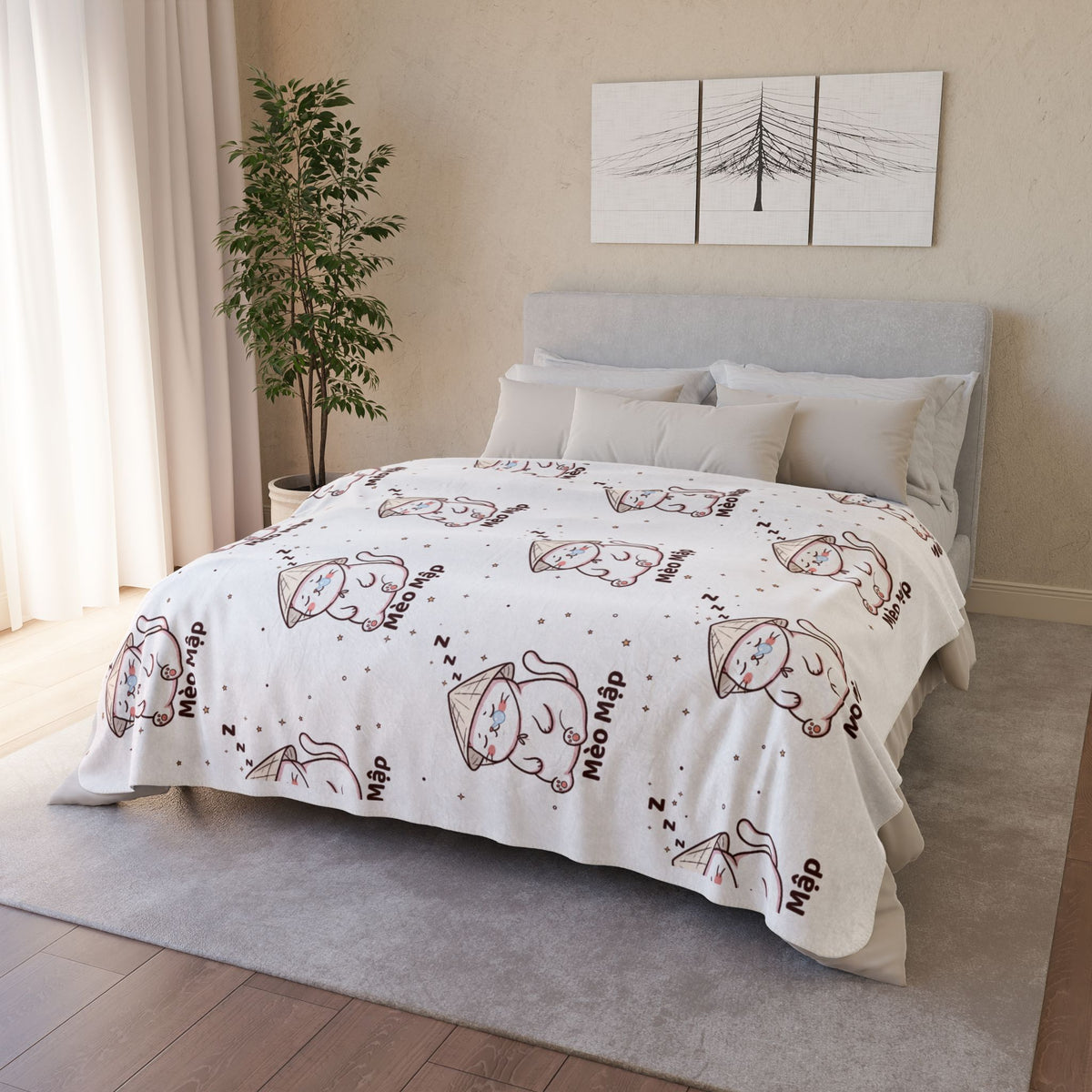 Mèo Lười (Lazy Cat) Sleeping Cat Fleece Sherpa Blanket