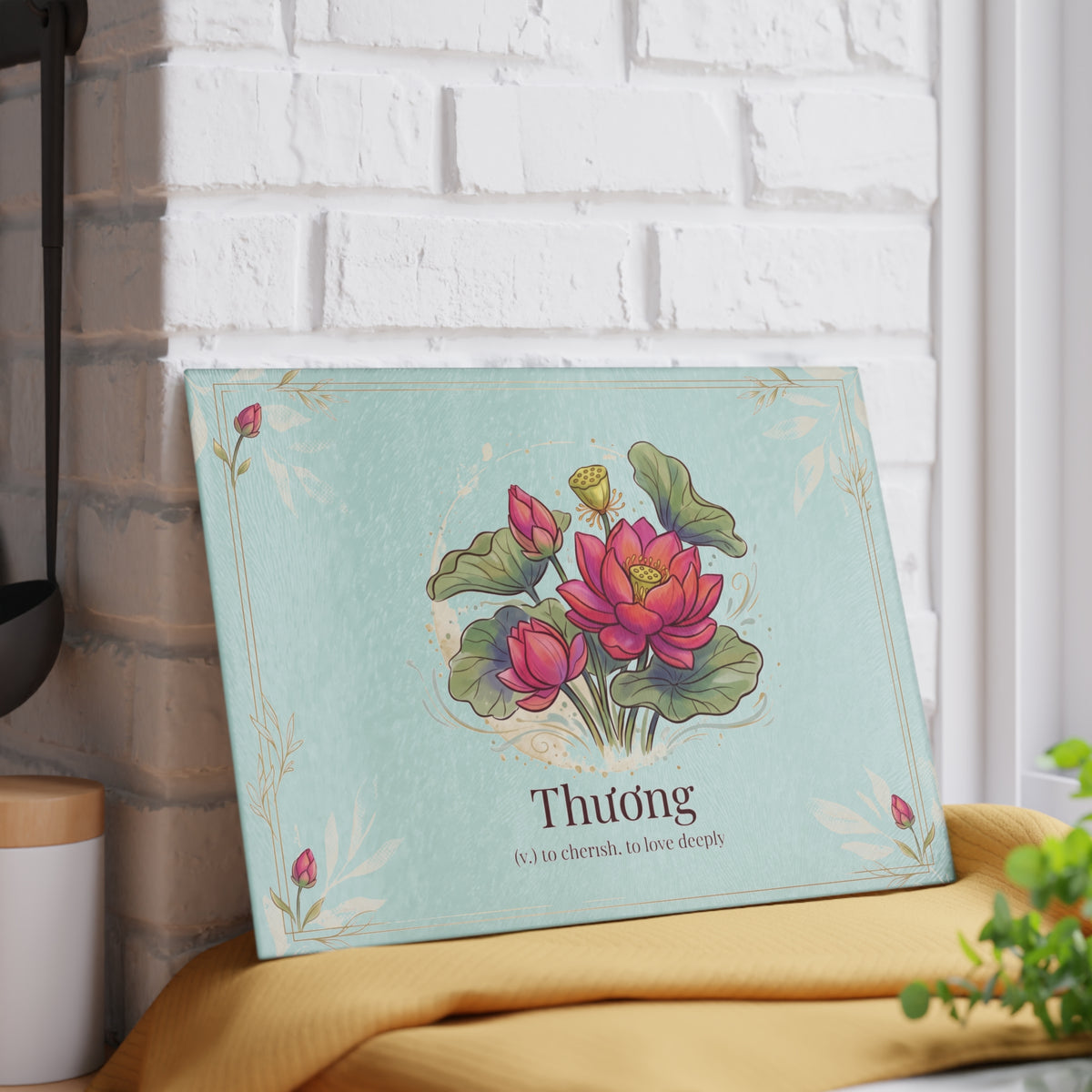 Vietnamese Watercolor Lotus Glass Cutting Board